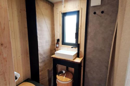 a small bathroom with a sink and a window at Tiny House nature proche Montargis - 1h de Paris ! 