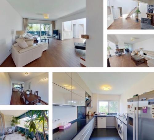 un collage de photos d'un salon et d'une cuisine dans l'établissement Panthause avec 3 chambres à coucher pour 6 personnes, à Bourg-la-Reine