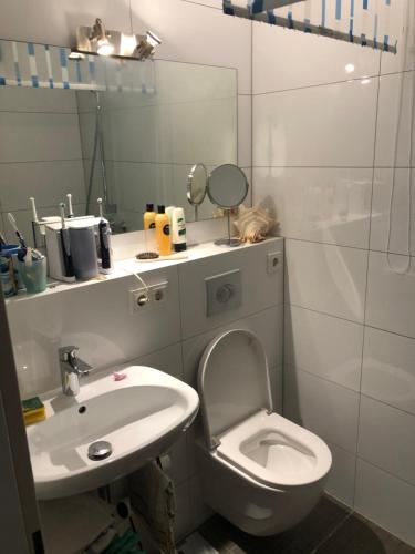 een badkamer met een toilet, een wastafel en een spiegel bij Zentrales EG Apartment im Glockenbachviertel in München