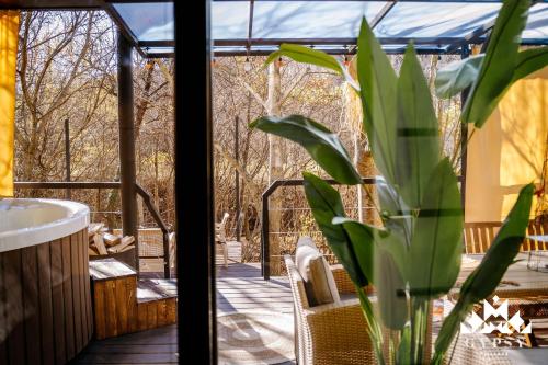 a porch with a plant in a vase at Gipsy Village Park Hotel in Asuretʼi