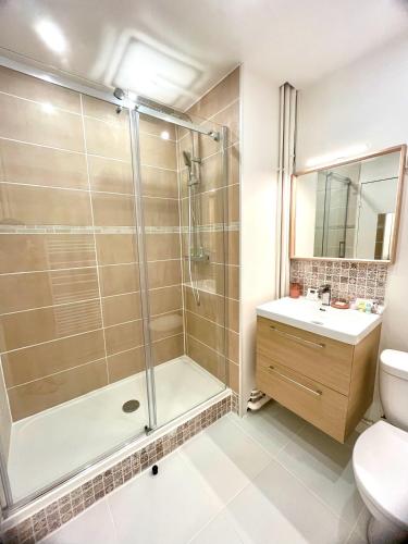 une salle de bain avec douche et lavabo dans l'établissement Charmant studio + parking privé, à Caen