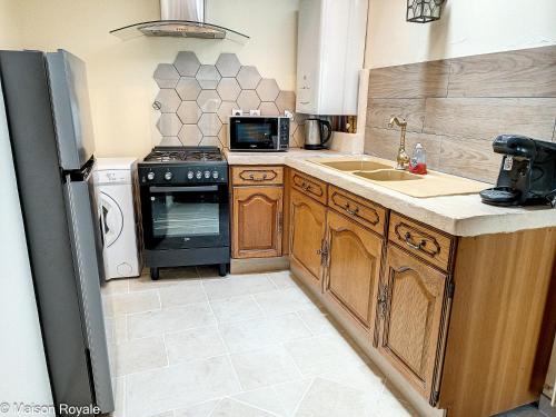 La cuisine est équipée d'une cuisinière, d'un évier et d'un réfrigérateur. dans l'établissement Maison Royale - Idéalement située à Blois, à Blois