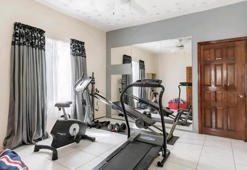 a gym with two tread machines and a mirror at Joyful Ambiance Retreat in Bushy Park