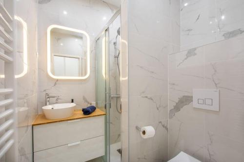 une salle de bain avec un lavabo et une douche en verre dans l'établissement NOTRE DAME, ODÉON 5e, Triplex 2 salles de bain, à Paris