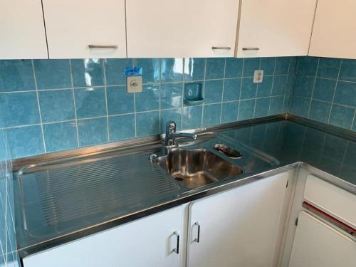 a kitchen with a sink and blue tiles at Revier schlicht und bahnsinnig in Mitlödi