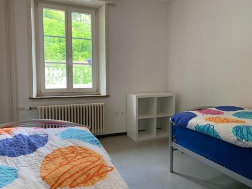 a bedroom with a bed and a window at Revier schlicht und bahnsinnig in Mitlödi