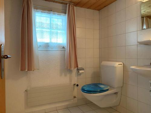 een badkamer met een toilet en een blauwe stoel bij Revier lauschig und charmant in Dornhaus