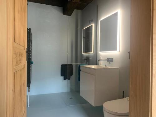 uma casa de banho com um WC, um lavatório e uma janela em Revier Baudenkmal Beuge em Näfels