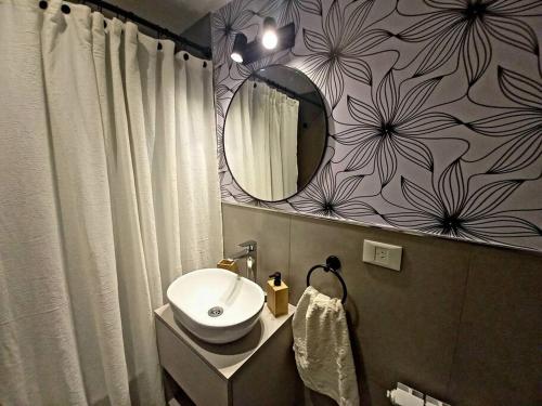 サン・マルティン・デ・ロス・アンデスにあるJoli Apartments - Studio B - 2 pax en el corazón de la ciudadの洗面台と鏡のあるバスルーム