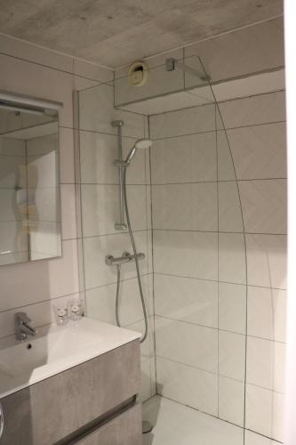 une salle de bain avec douche et lavabo dans l'établissement Les Balcons de la Meije, à La Grave