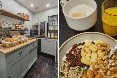 a counter with a plate of food and a cup of coffee at Huni Hôtel in Paris