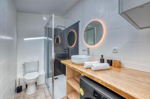 La salle de bains est pourvue d'un lavabo et de toilettes. dans l'établissement La Maison du Lac - Passerelles de Monteynard, à Lavars