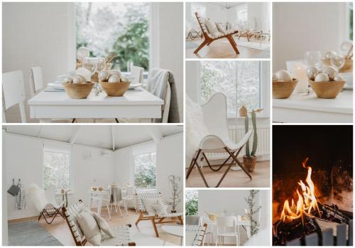 eine Collage mit Fotos mit weißen Möbeln und einem Kamin in der Unterkunft Design Holiday Home in Ermelo
