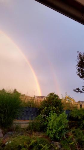 a rainbow in the sky over a garden at Ferienhaus Fee in Erbach