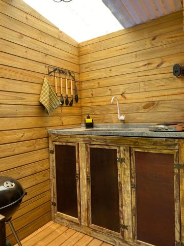 een keuken met houten wanden en een aanrecht met een wastafel bij Pousada Paradise Ferrugem in Garopaba