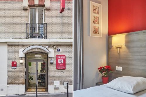 a bed sitting in front of a building at Huni Hôtel in Paris