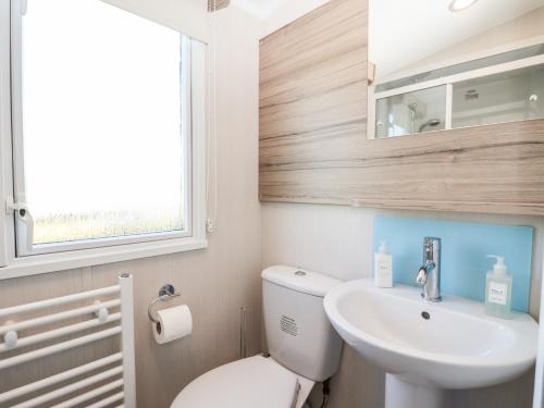 uma casa de banho com um WC, um lavatório e uma janela em Lazy Dayz Lodge em Ganton