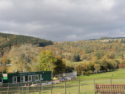 a green building in the middle of a field at 2 Strathtay Lodges in Aberfeldy