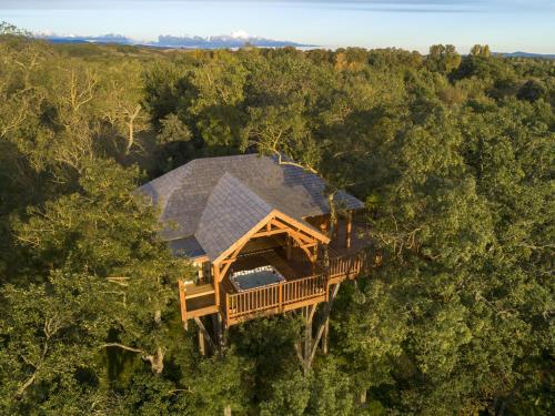 una vista aérea de una casa del árbol en el bosque en Cabane de Prestige avec Jacuzzi et Sauna privatifs, en Alzonne