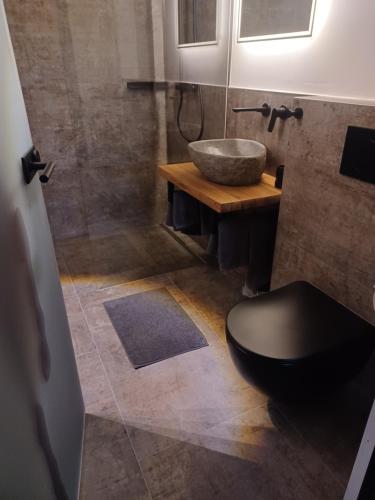 a bathroom with a sink and a toilet and a shower at Chalet Stubai inklusive Stubai Super Card in Fulpmes