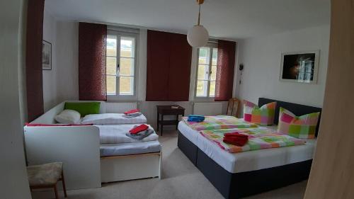 a room with two beds and a couch in it at Schlossblick keine Montagewohnung in Burgkhammer