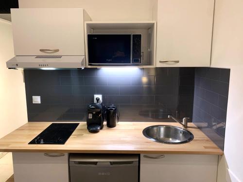 un comptoir de cuisine avec un évier et un micro-ondes dans l'établissement Cannes center wifi AC 100 m from Croisette behind Martinez hotel, à Cannes