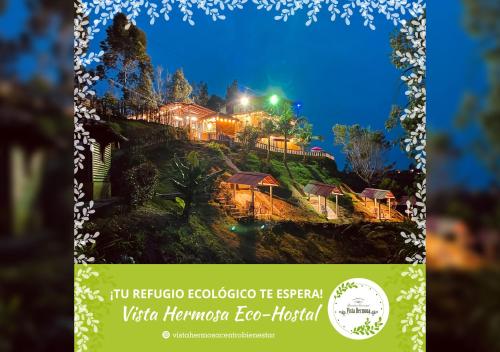 un póster de una casa en una colina por la noche en Vista Hermosa Eco Hostal, en Carmen de Viboral