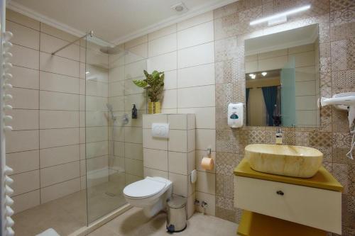 uma casa de banho com um lavatório, um WC e um chuveiro em Hotel Restaurant Imperium em Botiz