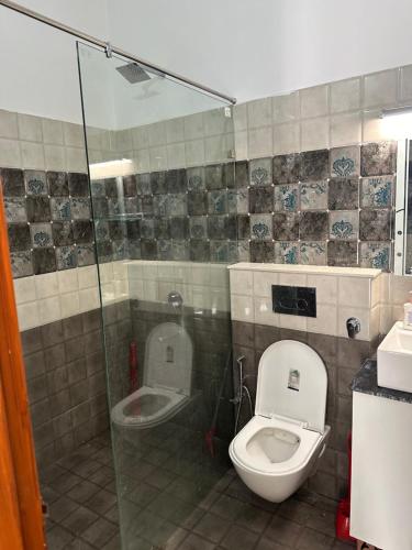 デヘラードゥーンにあるSpacious Villa in Dehradunのバスルーム(トイレ、ガラス張りのシャワー付)