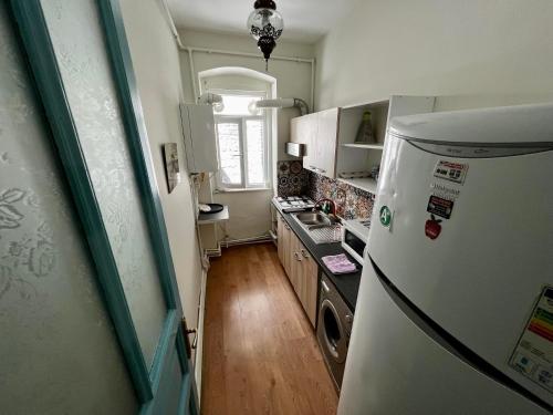Il comprend une cuisine équipée d'un réfrigérateur blanc et d'une cuisinière. dans l'établissement Taksim Sofa House by Rodin, à Istanbul