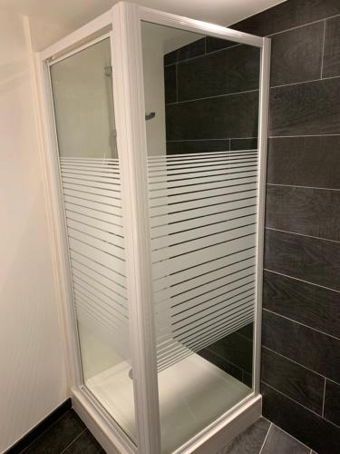 une cabine de douche en verre dans une salle de bains revêtue de carrelage noir dans l'établissement Mon studio COSY Sablais, à Les Sables-dʼOlonne