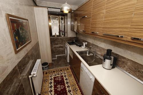 una pequeña cocina con fregadero y encimera en Taksim Sofa House by Rodin, en Estambul