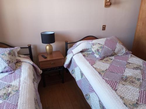 two beds sitting next to each other in a bedroom at Hostal Tierra de Pehuen in Curacautín