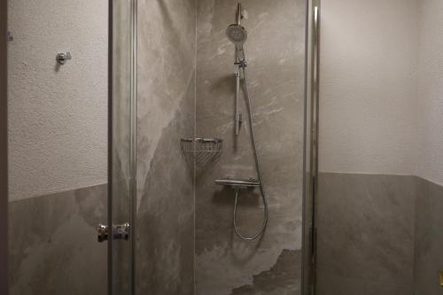 y baño con ducha y puerta de cristal. en Ferienwohnung Kindl Manuela, en Neustift im Stubaital
