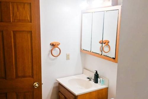 La salle de bains est pourvue d'un lavabo et d'un miroir. dans l'établissement Comfort & Cozy 3/2 in Macomb, IL, à Macomb