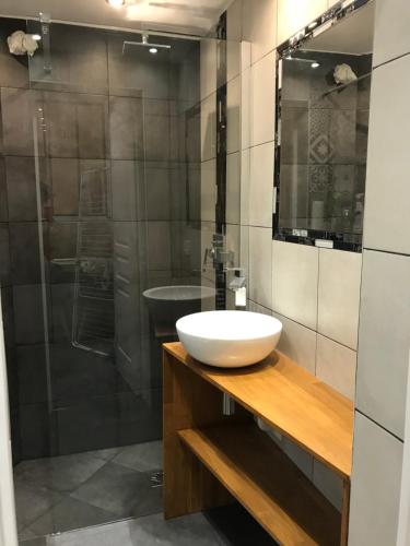 une salle de bain avec un lavabo blanc et une douche dans l'établissement Adorable souplex batignolles, à Paris