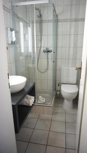 a bathroom with a shower and a toilet and a sink at Hotel Bucheneck in Linz am Rhein
