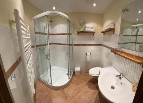 uma casa de banho com um chuveiro, um WC e um lavatório. em Hotel Restaurant Iris em Bad Segeberg