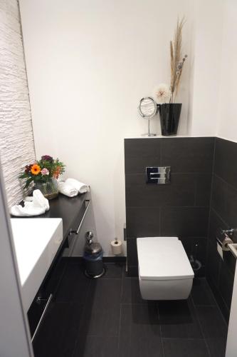 a bathroom with a white toilet and a sink at Hotel Bucheneck in Linz am Rhein