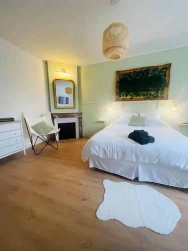 a bedroom with a white bed and a fireplace at Nancy Thermal/Gare - Appartement élégant & cosy in Nancy