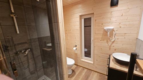 een badkamer met een douche, een toilet en een wastafel bij Domek Madzi - Misiowa Polanka in Marciszów