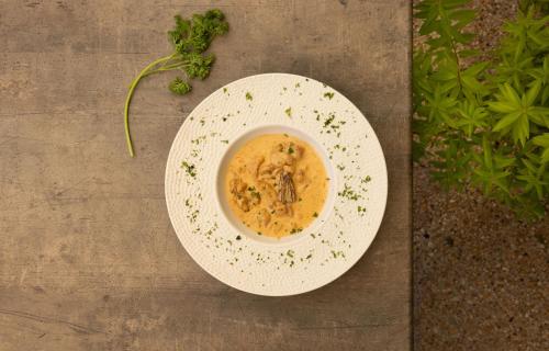 a white plate with a bowl of soup on a table at Logis Hôtel La Ferme de Flaran in Maignaut