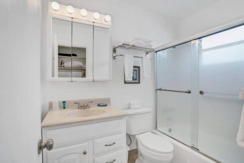 La salle de bains est pourvue de toilettes, d'un lavabo et d'une douche. dans l'établissement Waves Beach Town Cozy Studio Apartment, à Pompano Beach