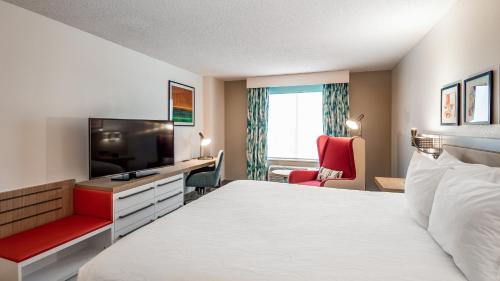 a hotel room with a bed and a desk and a television at Hilton Garden Inn Denver Airport in Aurora