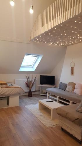 a living room with a couch and a skylight at Le Sable d'Or - charme - détente in Amiens