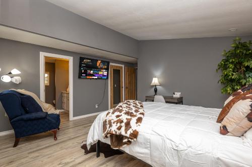 ein Schlafzimmer mit einem Bett, einem Stuhl und einem TV in der Unterkunft Mountain Views minutes from casinos and Lake in Bullhead City