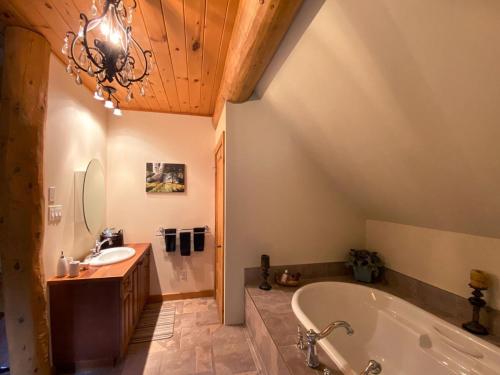 聖艾黛爾的住宿－Heritage Nature Exitchalets Laurentides，带浴缸和盥洗盆的浴室
