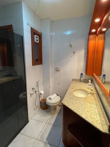 y baño con aseo, lavabo y ducha. en Apto Retro - 500m da Praça das Flores en Nova Petrópolis