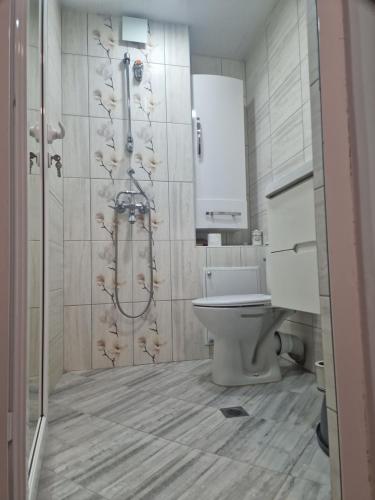 a bathroom with a shower and a toilet in it at Къща в центъра in Dobrich