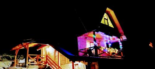 a lit up house with lights on it at night at Brvnara Tarska Zora in Sekulić 
